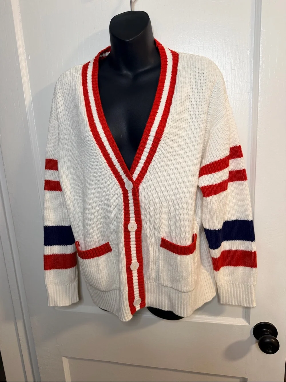 Saks Fifth Avenue Cream Cardigan Sweater with Red & Navy Stripes